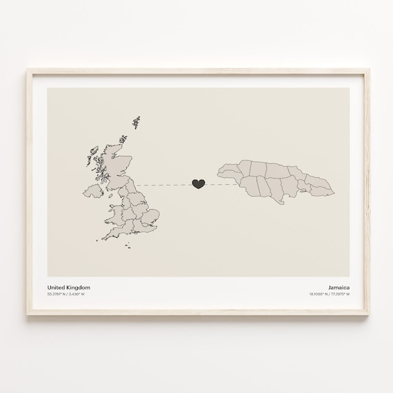 United Kingdom to Jamaica Minimalist Long Distance Connection Map Poster