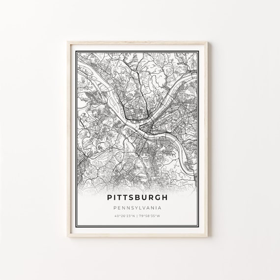 Pittsburgh City Map Art Poster, Modern Black And White