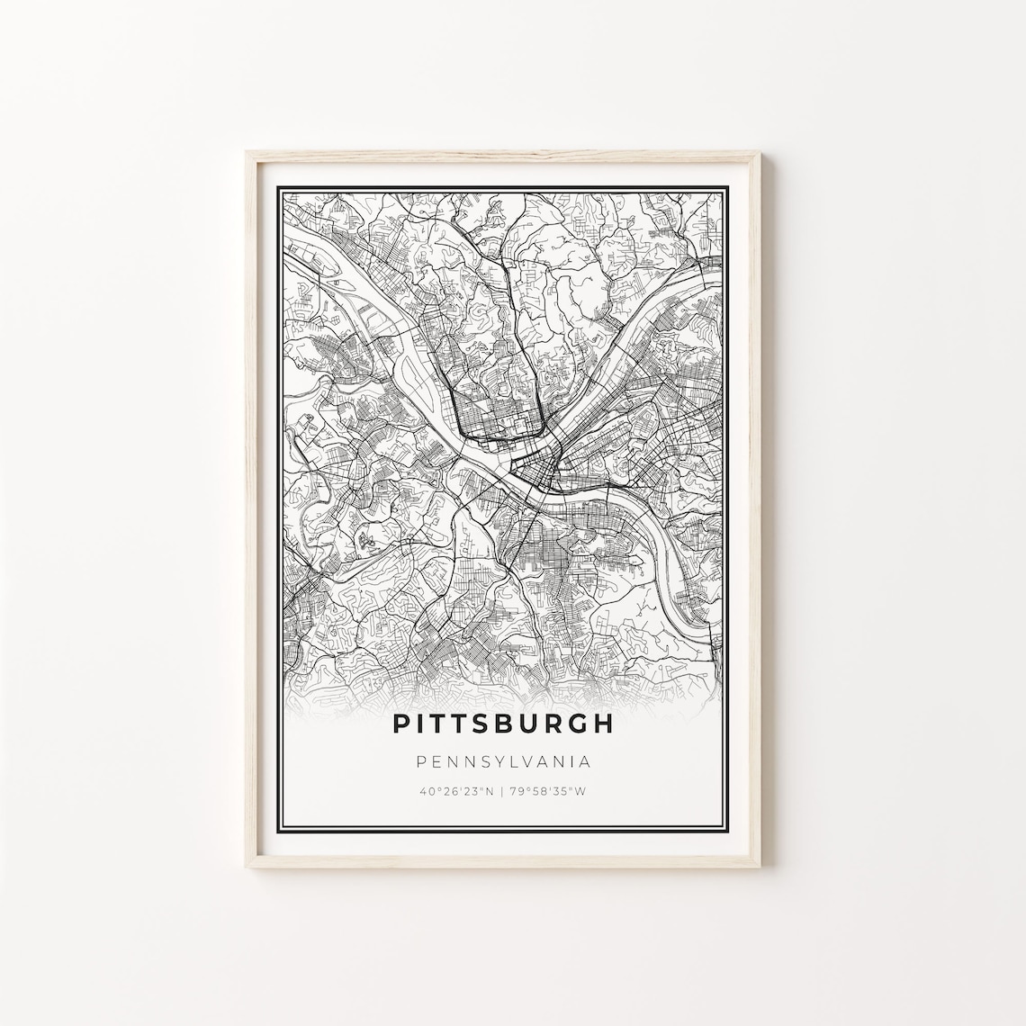 Pittsburgh City Map Art Poster, Modern Black And White