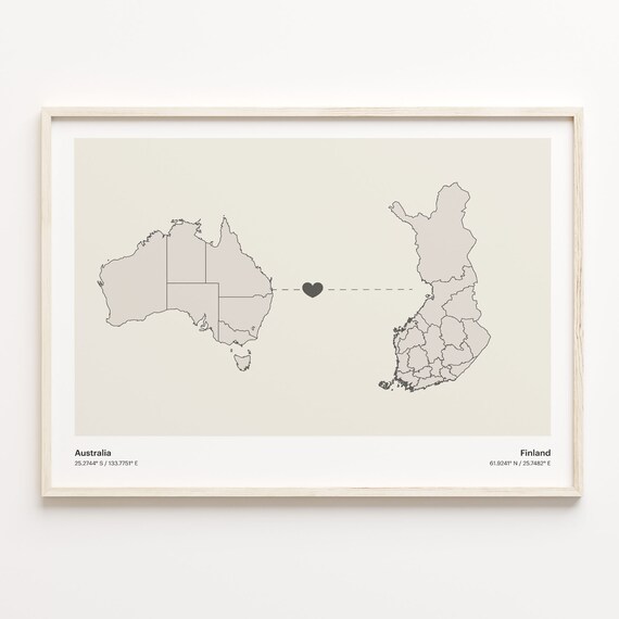 Australia To Finland Long Distance Heart Map Couple Gift Poster