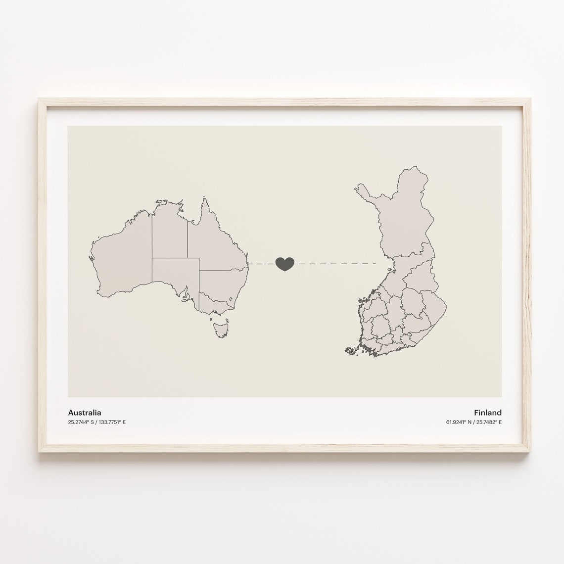 Australia To Finland Long Distance Heart Map Couple Gift Poster