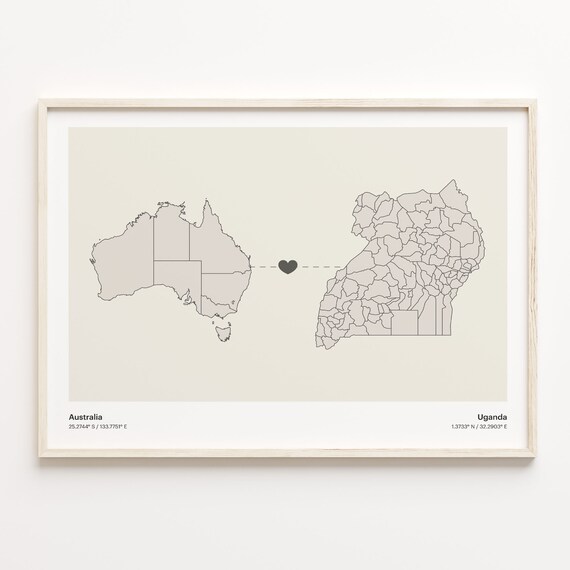 Australia to Uganda Long Distance Heart Connection Map Poster