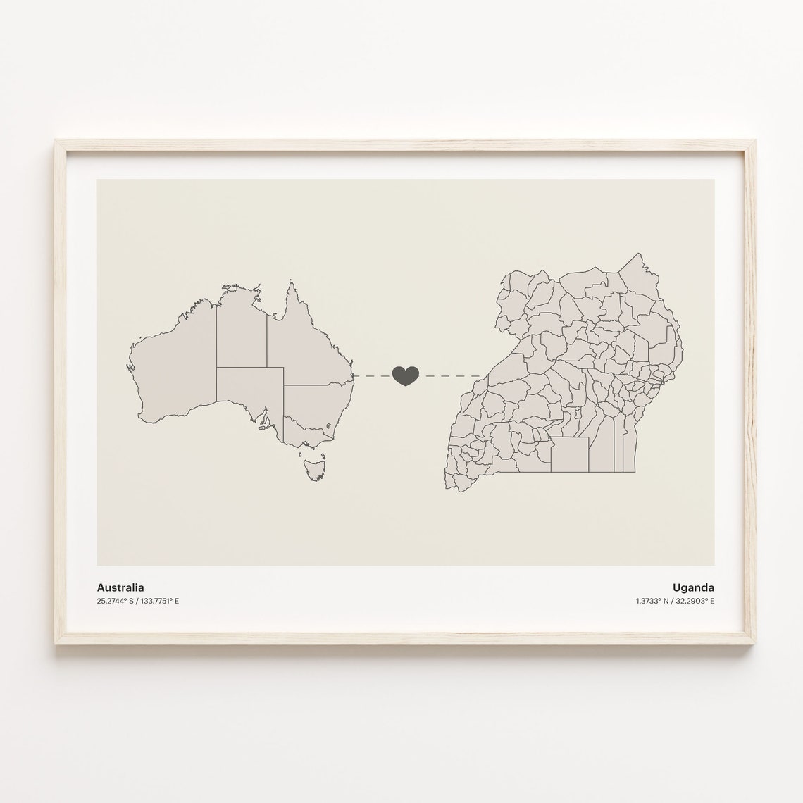 Australia to Uganda Long Distance Heart Connection Map Poster
