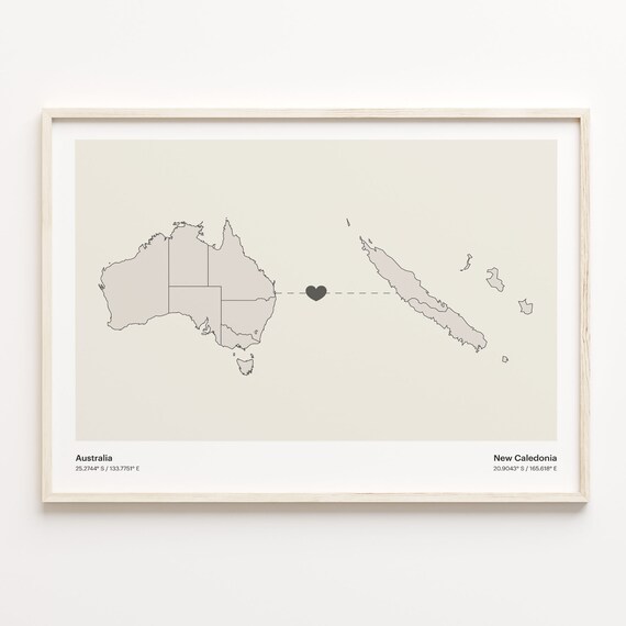 Australia New Caledonia Long Distance Heart Connection Map Poster