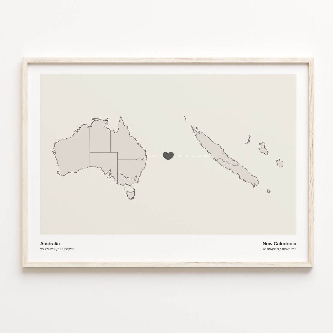 Australia New Caledonia Long Distance Heart Connection Map Poster