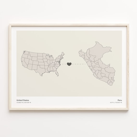 United States To Peru Minimalist Heart Connection Map Poster