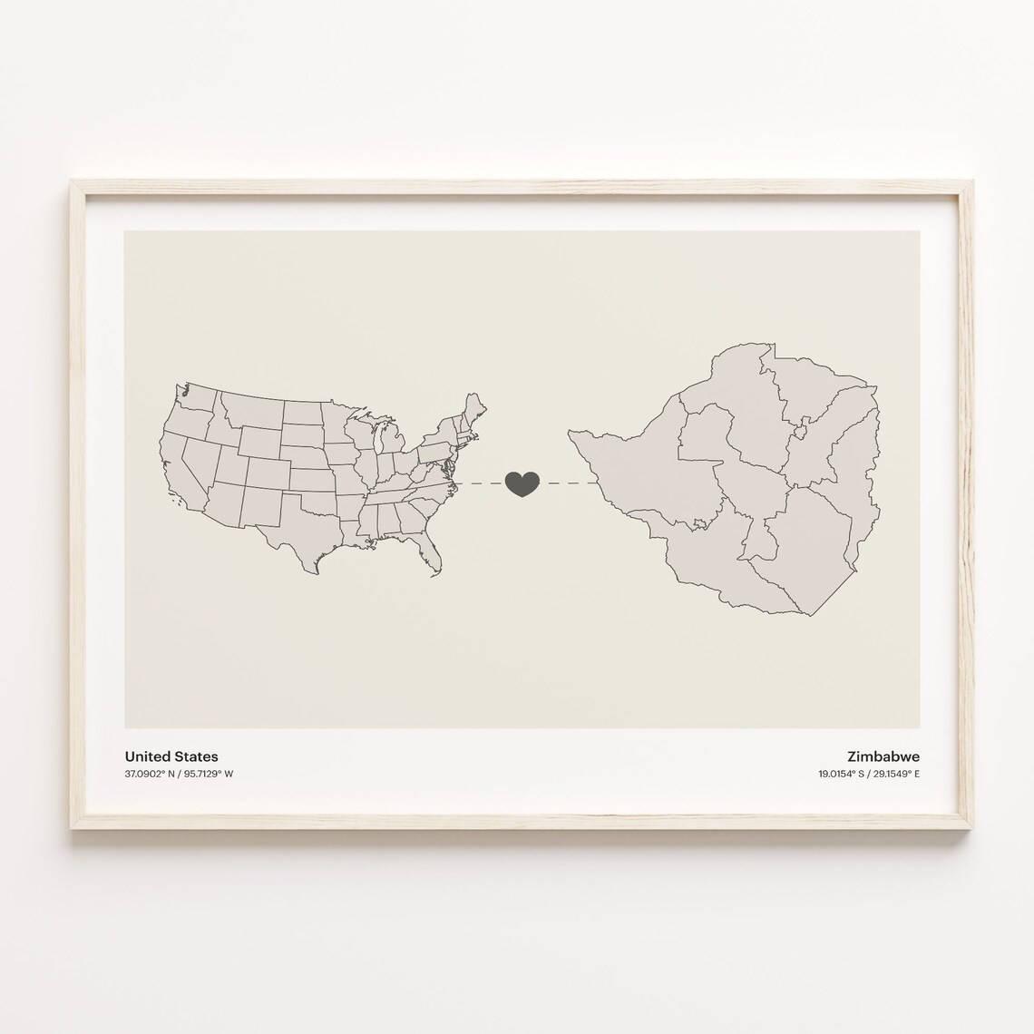United States To Zimbabwe Heart Connection Minimalist Beige Map Poster