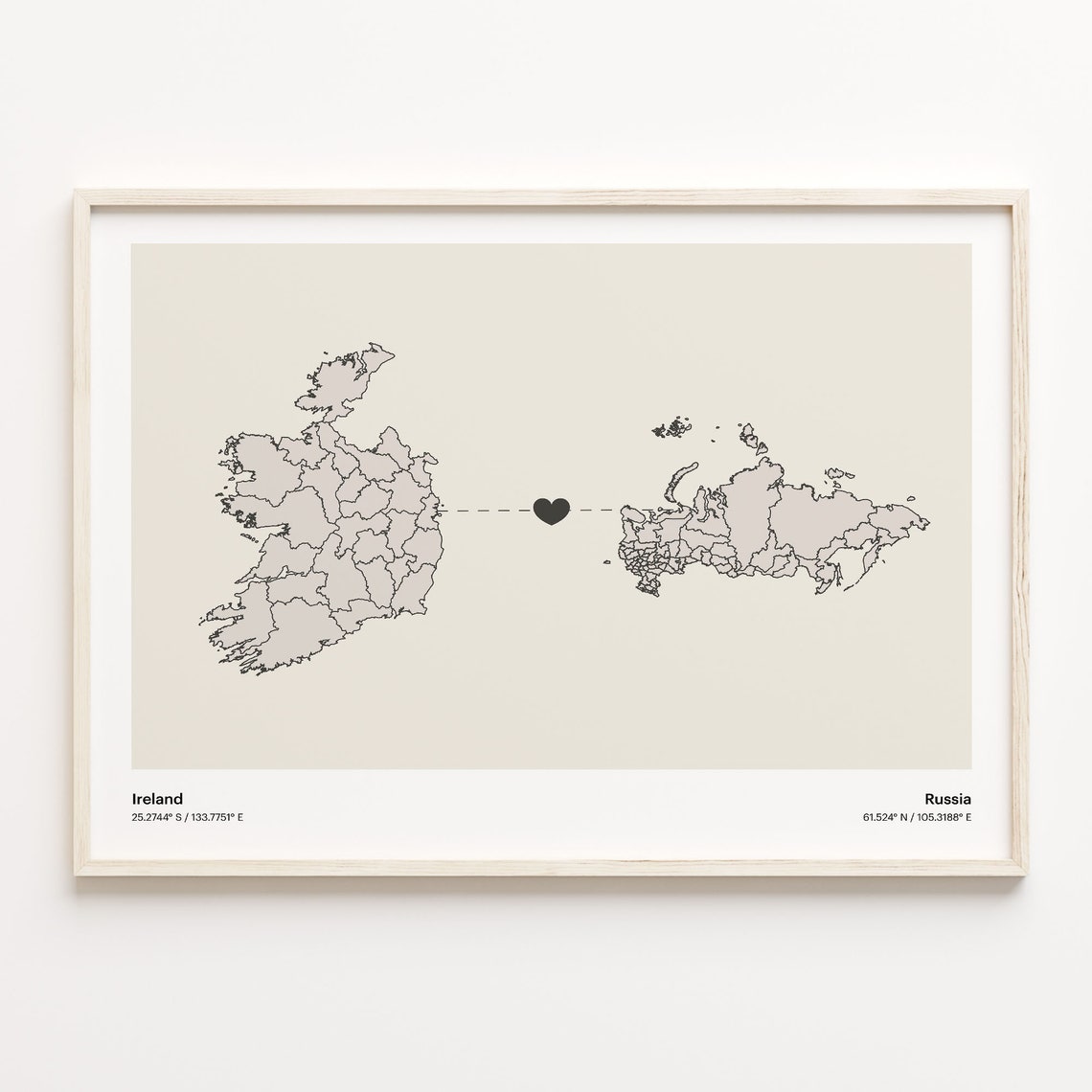 Ireland Russia Long Distance Love Connection Heart Map Poster
