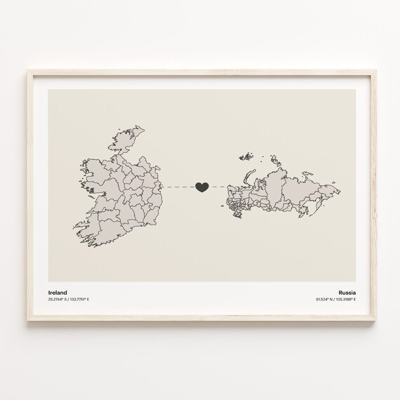 Ireland Russia Long Distance Love Connection Heart Map Poster