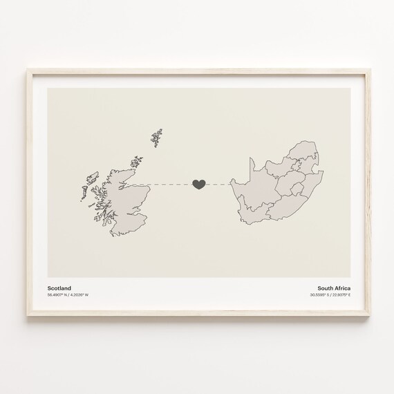 Scotland and South Africa Long Distance Heart Map Connection Poster