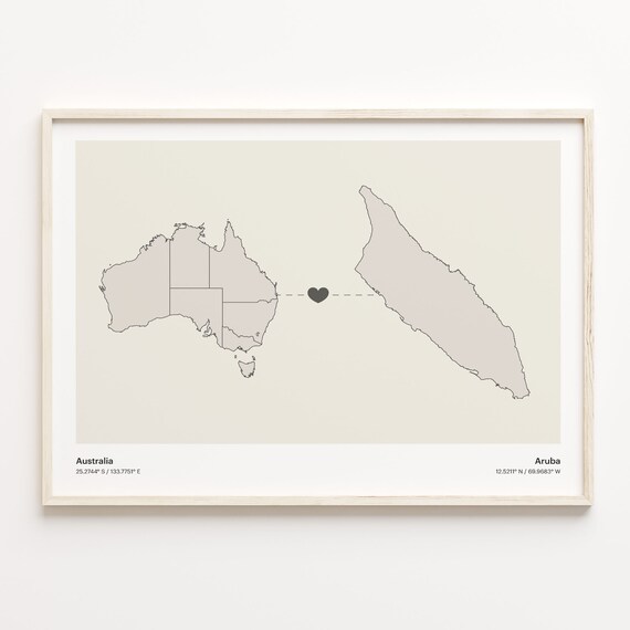 Australia Aruba Long Distance Heart Map Minimalist Love Print