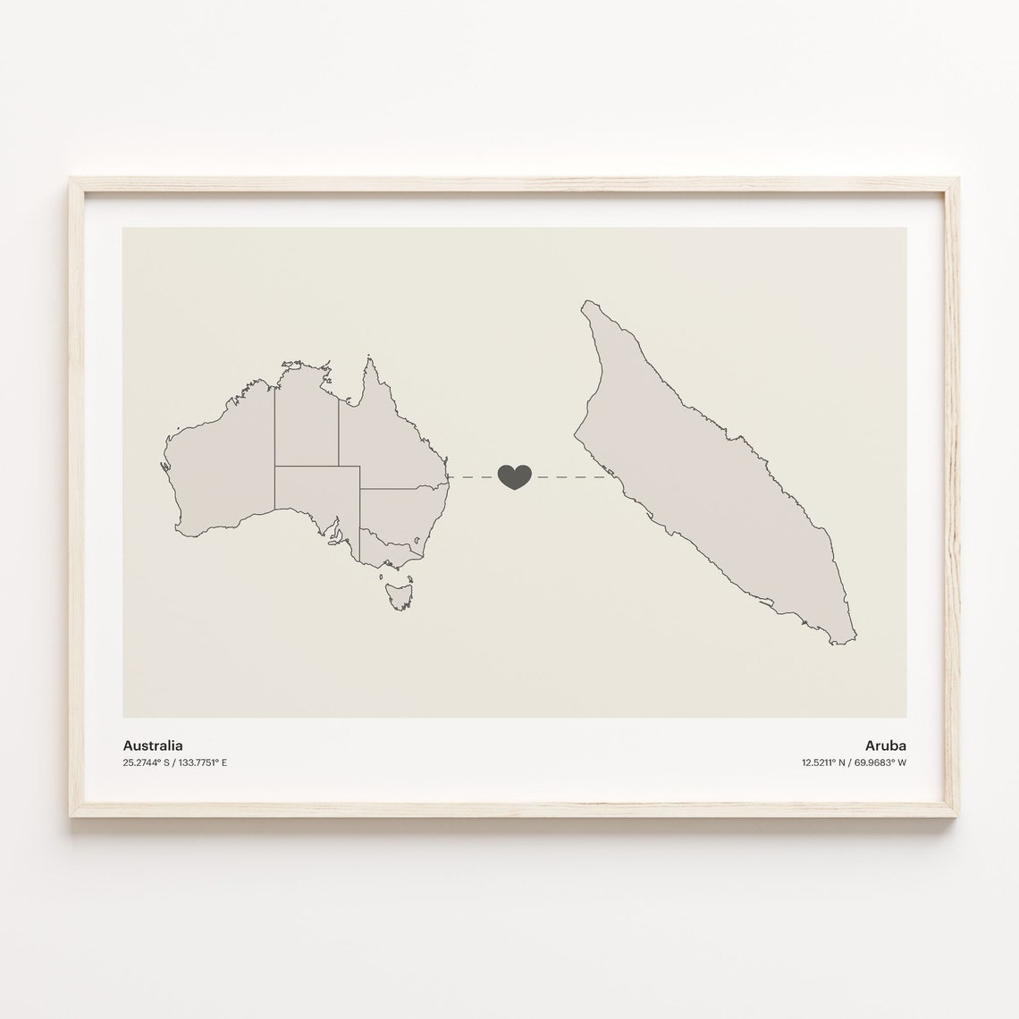 Australia Aruba Long Distance Heart Map Minimalist Love Print