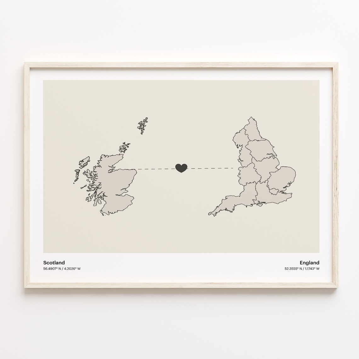Scotland To England Minimalist Heart Map Love Connection Print