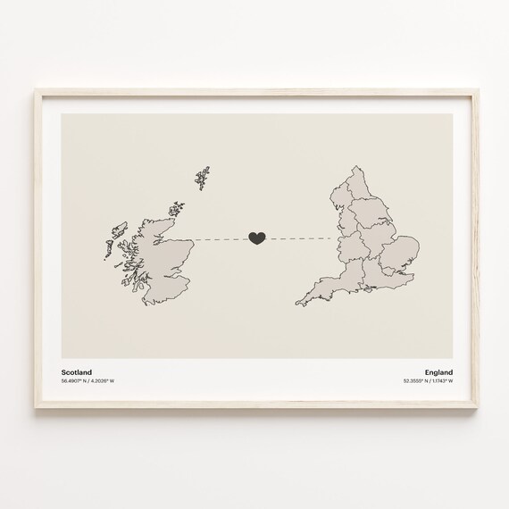 Scotland To England Minimalist Heart Map Love Connection Print