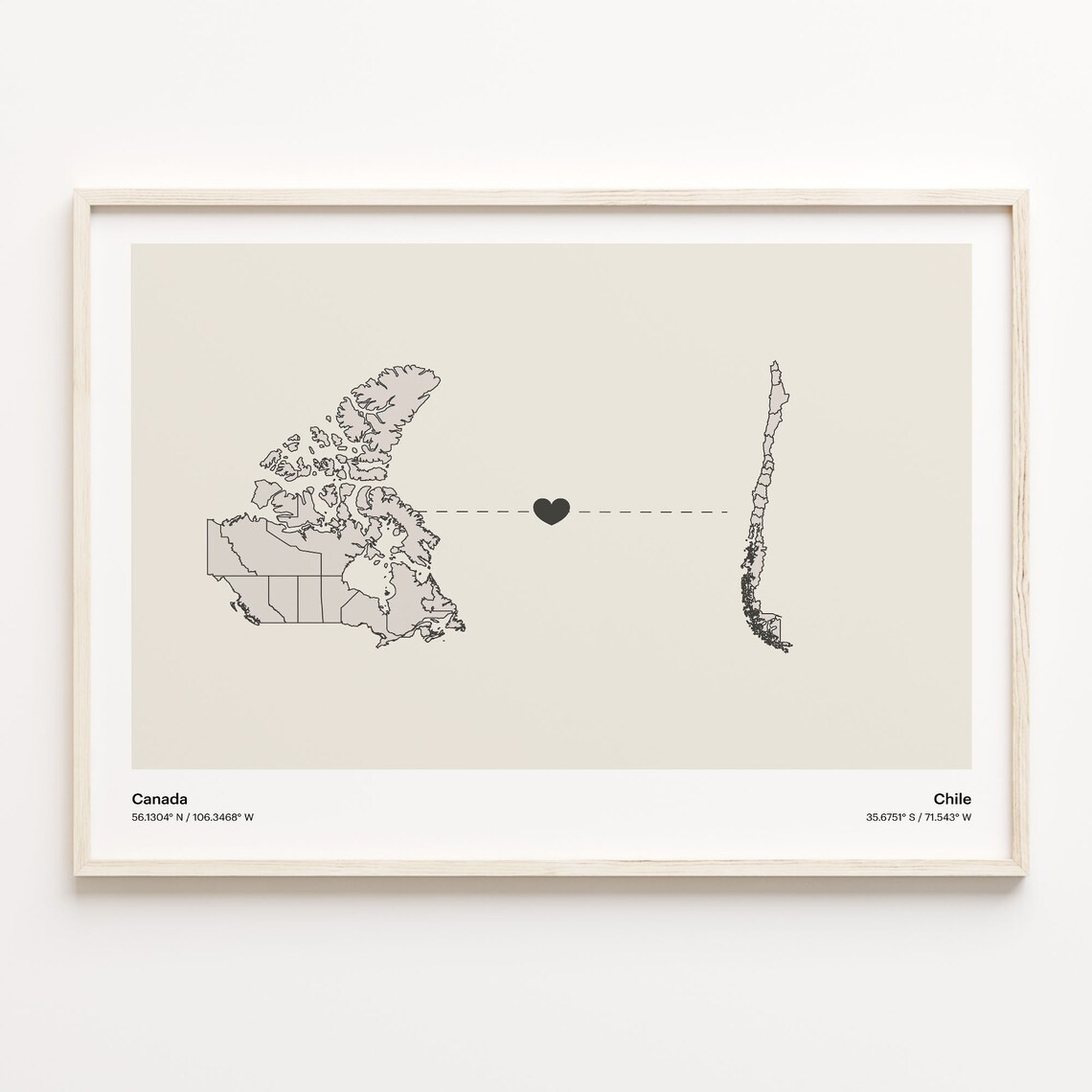Canada To Chile Long Distance Love Minimalist Map Art Poster