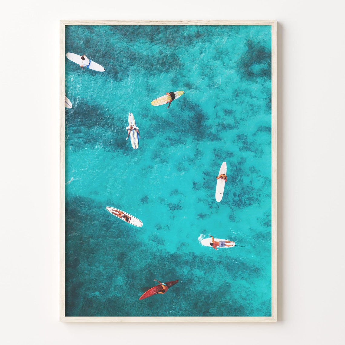 Aerial Surfers With Surfboards Floating Turquoise Ocean Poster