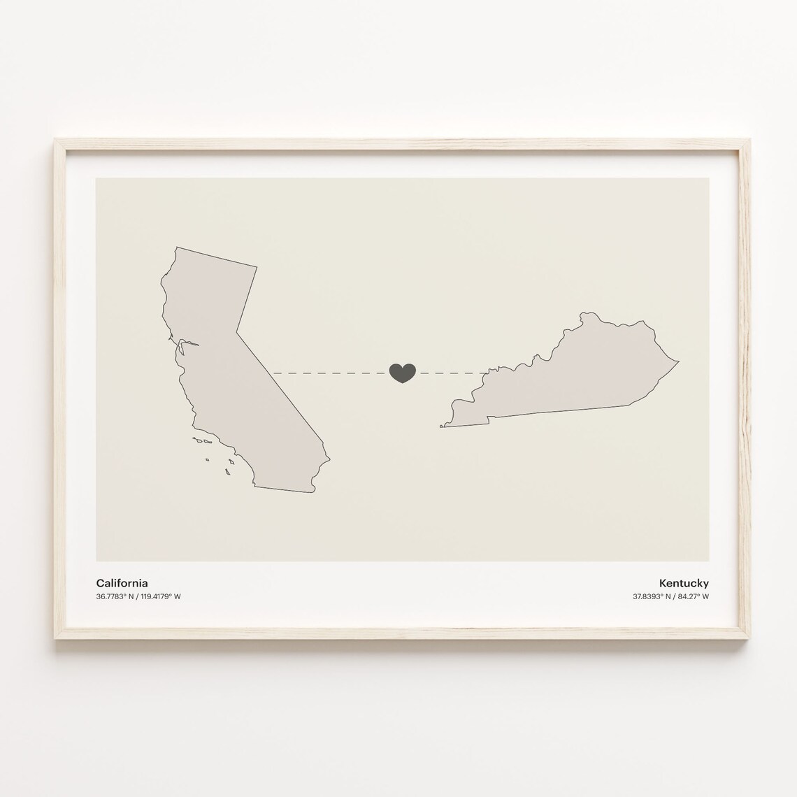 California Kentucky Minimalist Long Distance Heart Map Poster