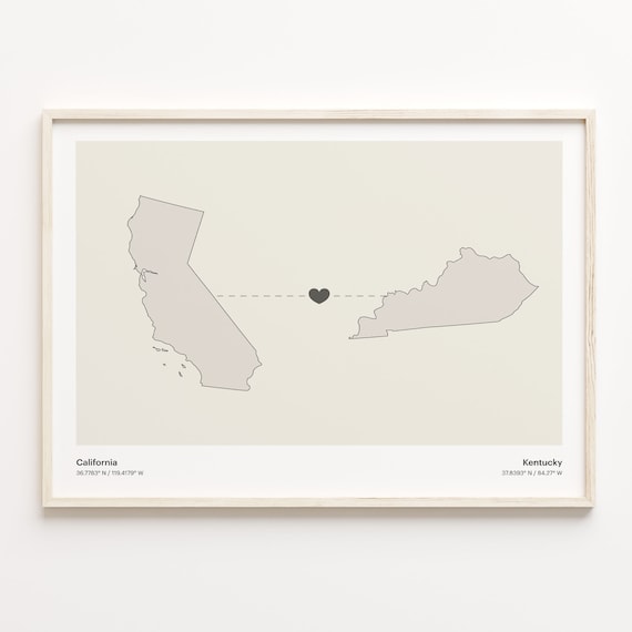 California Kentucky Minimalist Long Distance Heart Map Poster