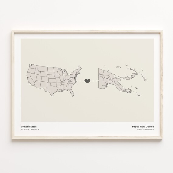 United States to Papua New Guinea Minimalist Heart Map Connection Poster