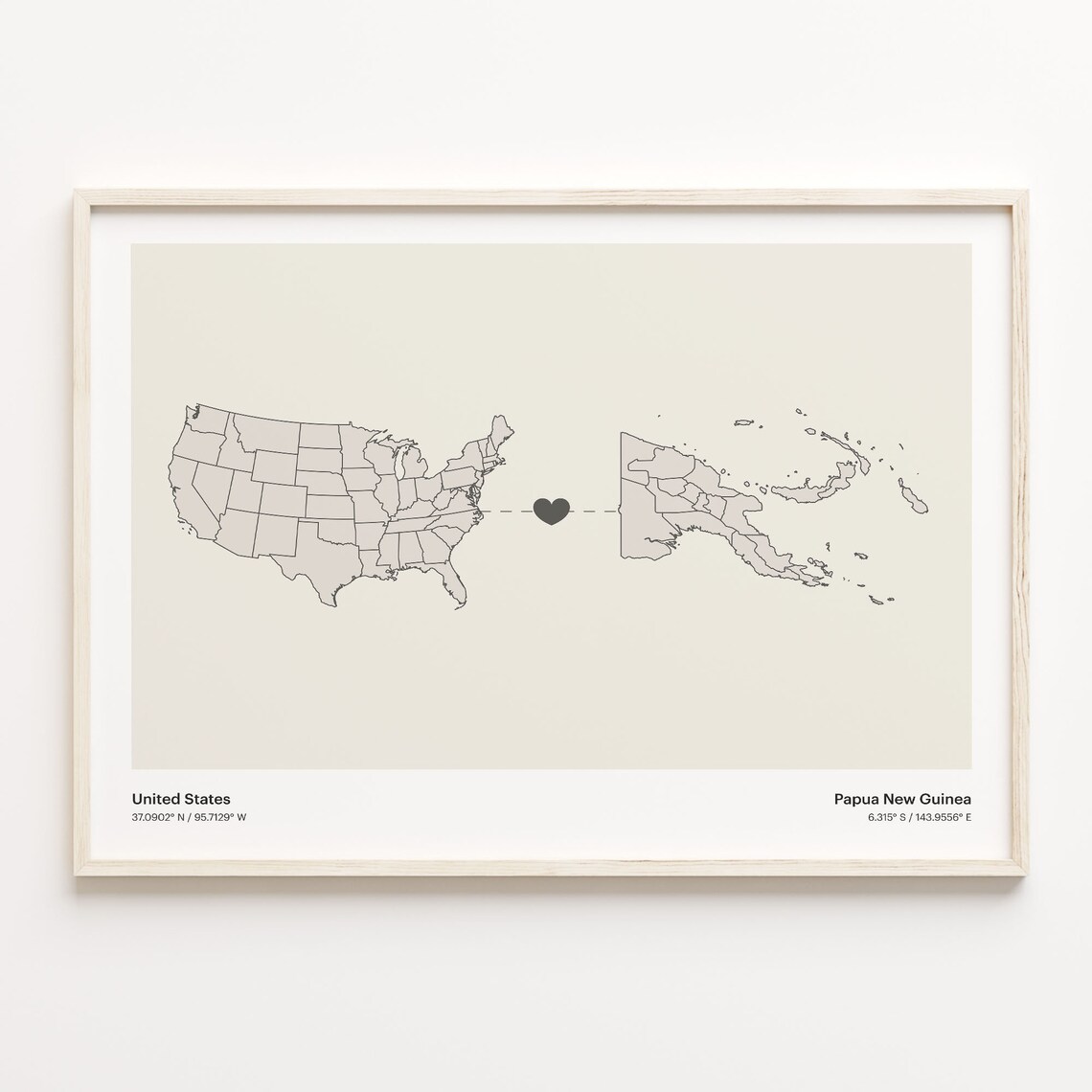 United States to Papua New Guinea Minimalist Heart Map Connection Poster