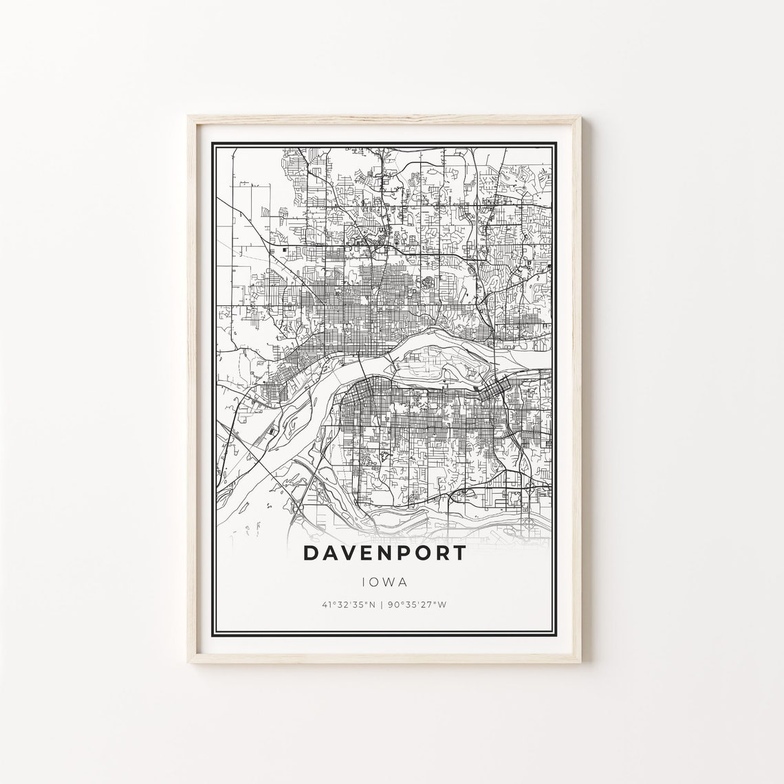 Davenport Iowa Minimalist Black and White City Map Art Poster