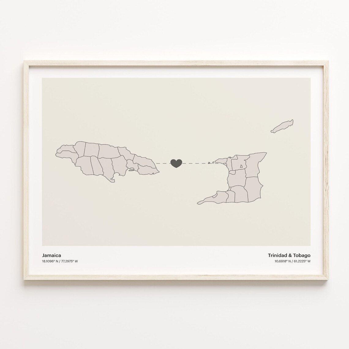 Jamaica And Trinidad & Tobago Long Distance Love Minimalist Heart Map Poster