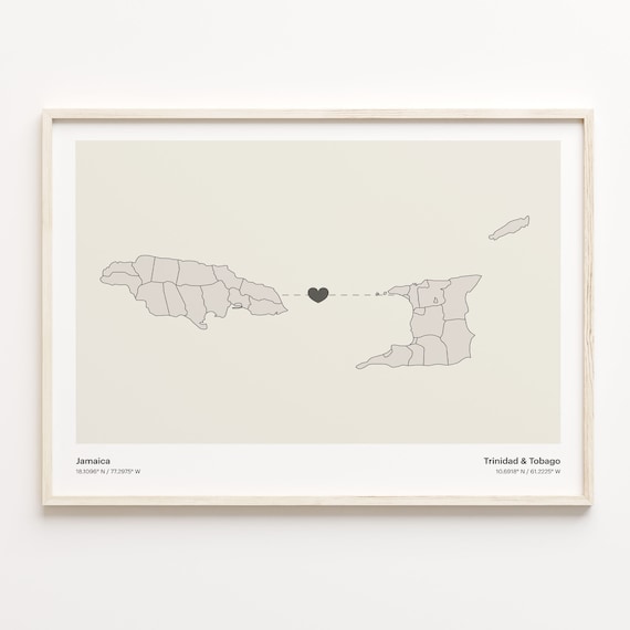 Jamaica And Trinidad & Tobago Long Distance Love Minimalist Heart Map Poster