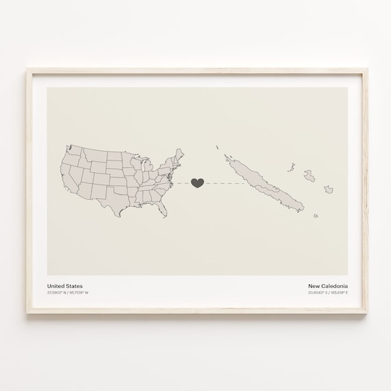 United States to New Caledonia Heart Connection Minimal Map Poster