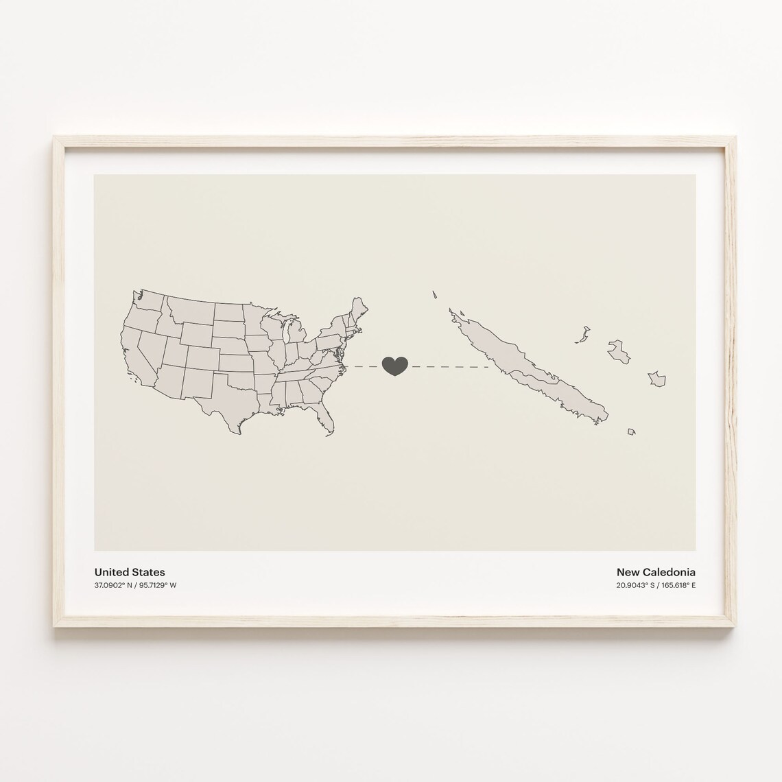 United States to New Caledonia Heart Connection Minimal Map Poster