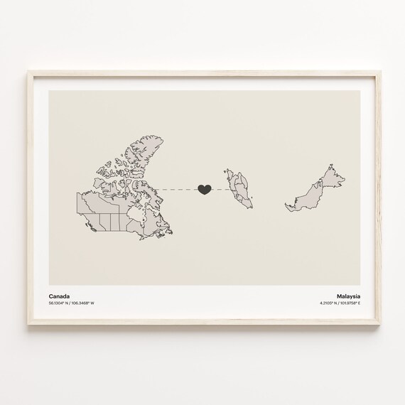 Canada to Malaysia Long Distance Heart Connection Map Poster