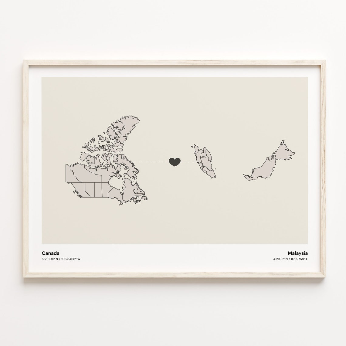 Canada to Malaysia Long Distance Heart Connection Map Poster