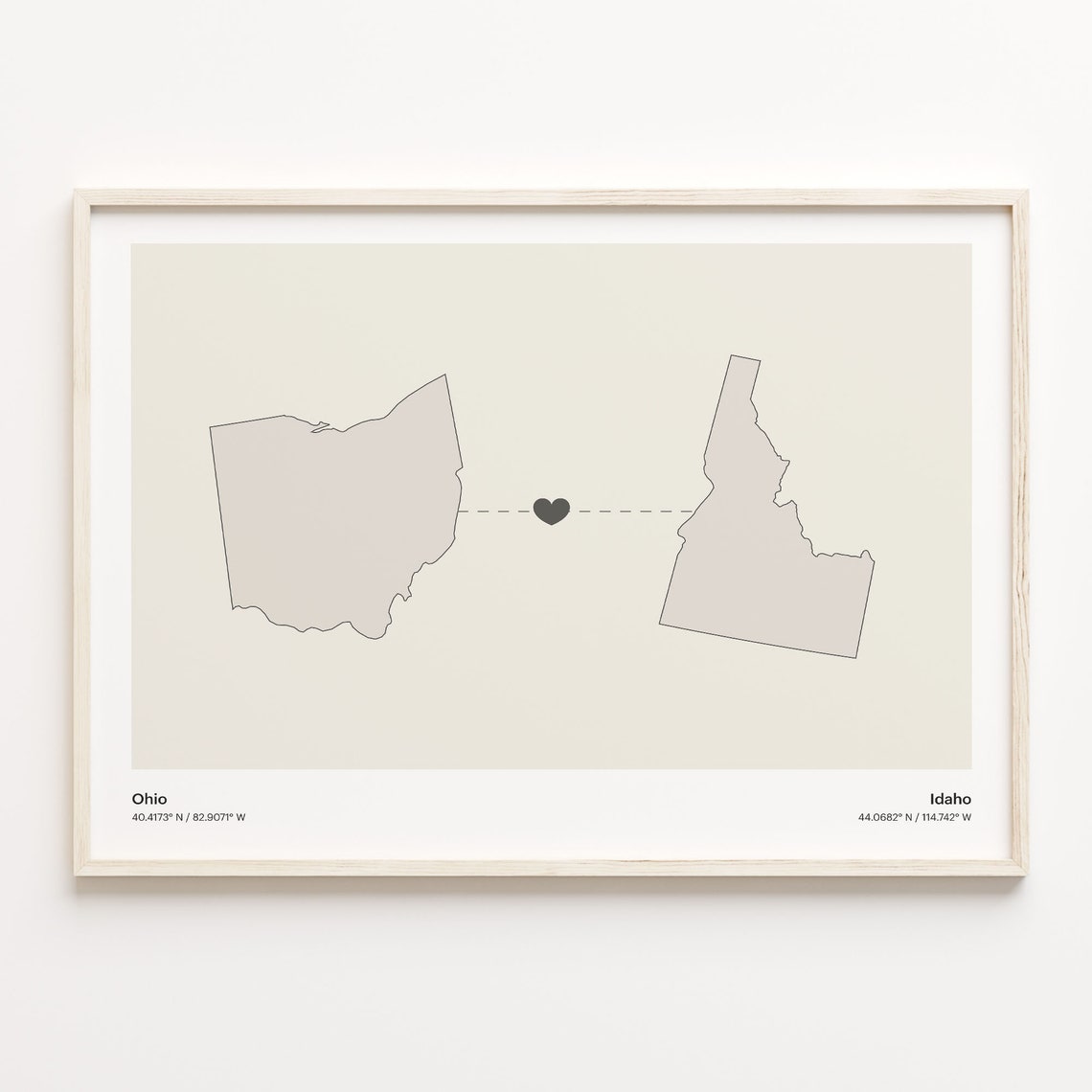 Ohio Idaho State Beige Minimalist Heart Connection Map Poster