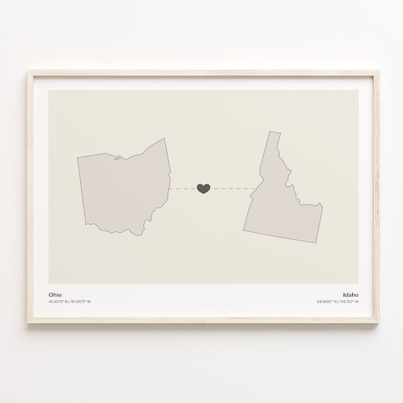 Ohio Idaho State Beige Minimalist Heart Connection Map Poster