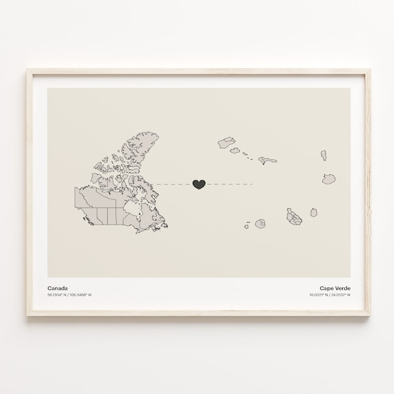 Canada Cape Verde Heart Connection Map Minimalist Long Distance Gift Poster
