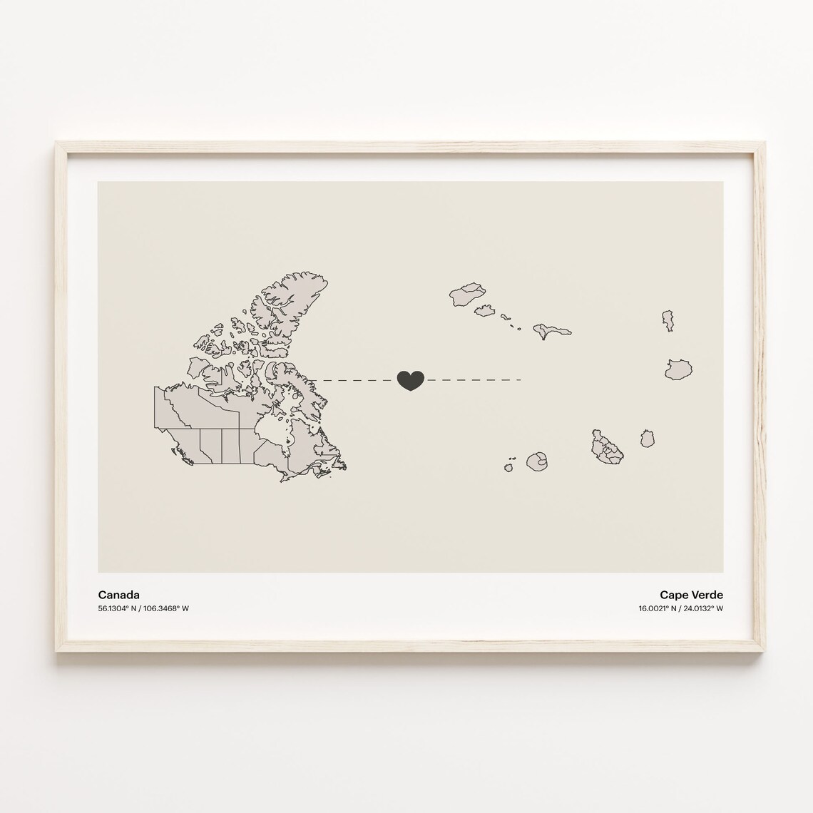 Canada Cape Verde Heart Connection Map Minimalist Long Distance Gift Poster