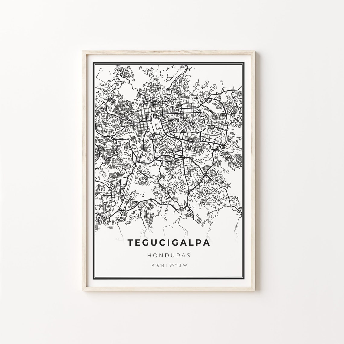 Tegucigalpa Honduras Black And White Modern City Street Map Poster