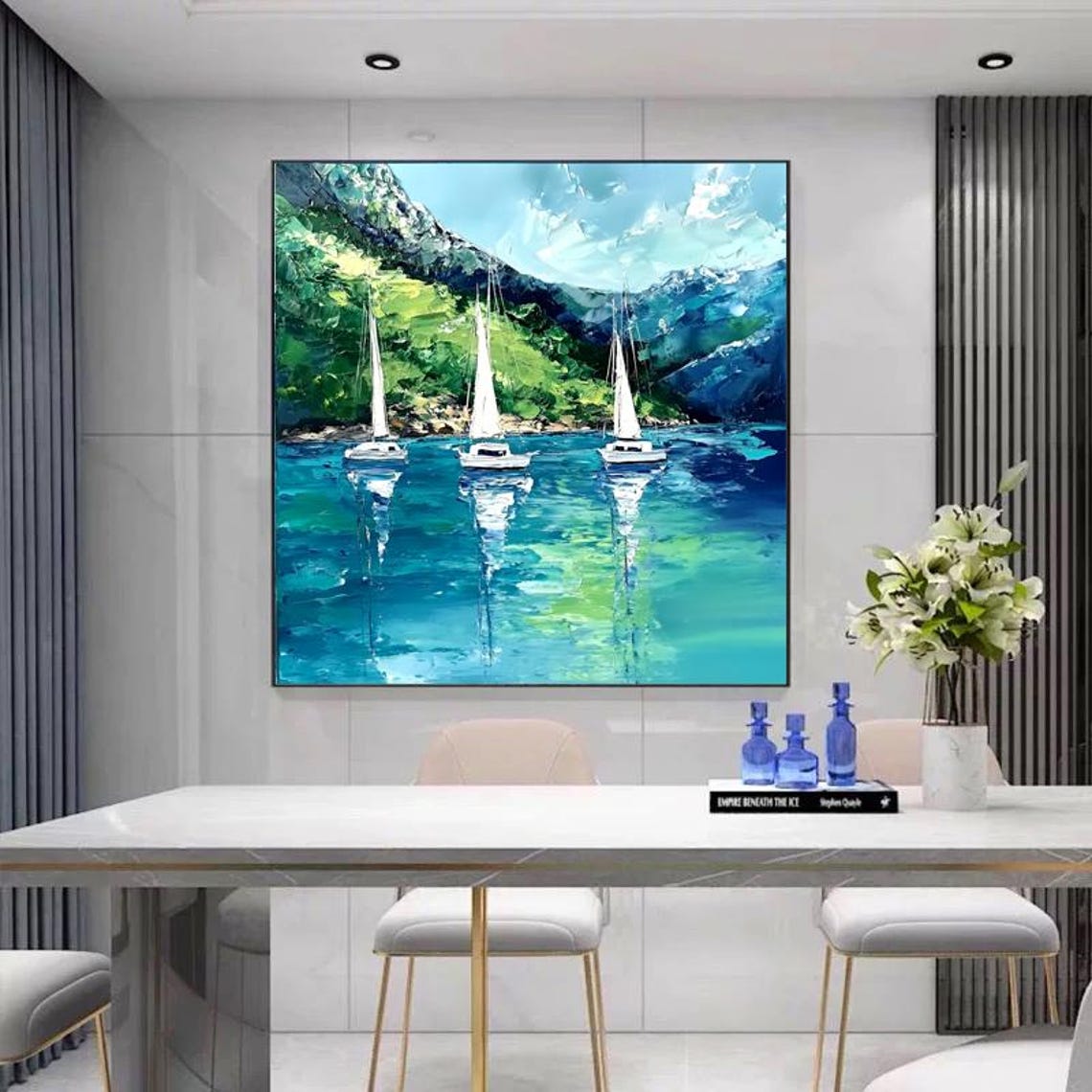 Three White Sailboats Sailing in a Turquoise Mountain Bay Poster - Image 5