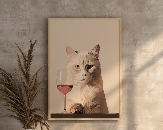 Beige Cat Wine Glass Funny Midcentury Modern Illustration Poster