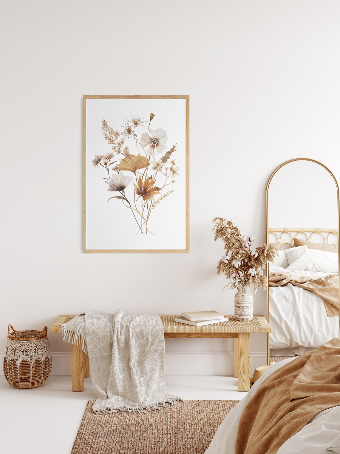Neutral Beige Wildflower Sprig Bouquet Watercolor Botanical Poster - Image 2