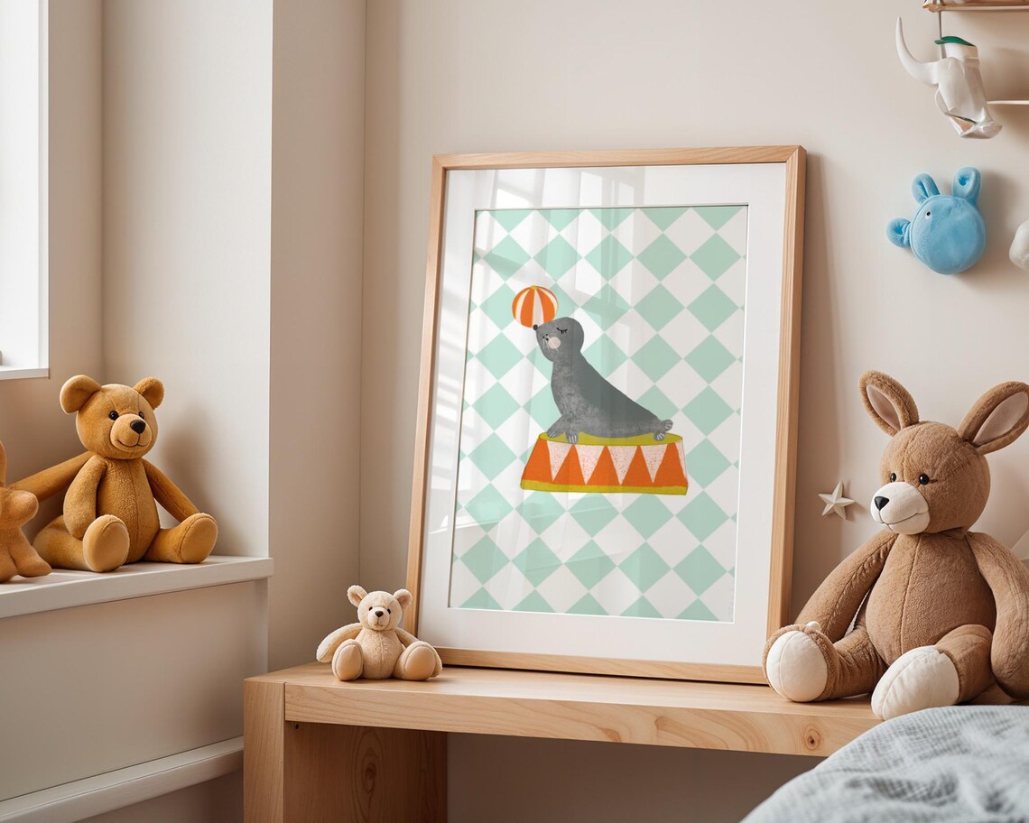 Circus Seal Balancing Ball Mint Green Circus Nursery Kids Decor Poster