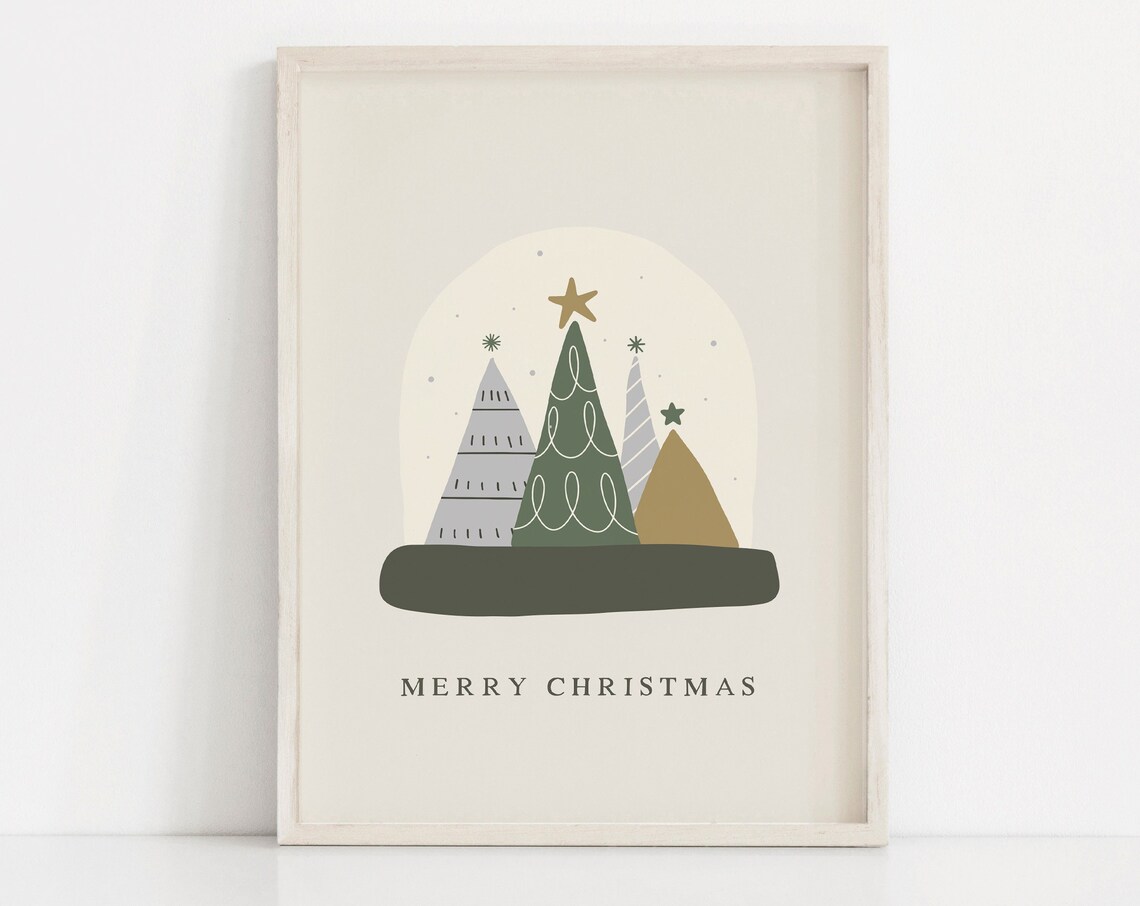 Merry Christmas Boho Christmas Trees Modern Holiday Wall Art