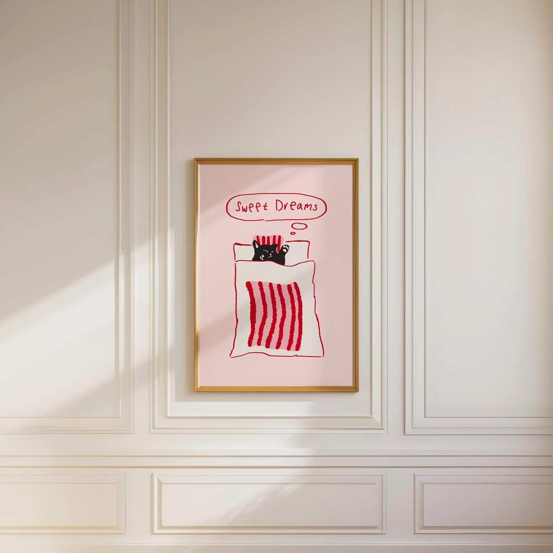Sweet Dreams Black Cat In Bed Pink Cute Bedroom Wall Art Decor - Image 3