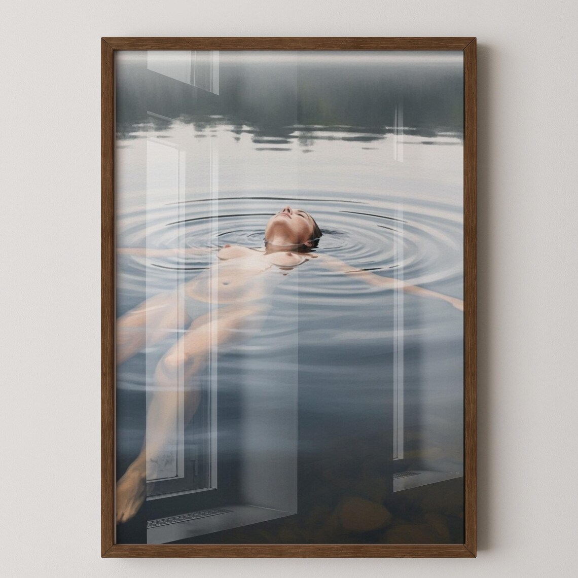 Nude Woman Floating Serenely In Misty Lake Calm Fine Art Poster