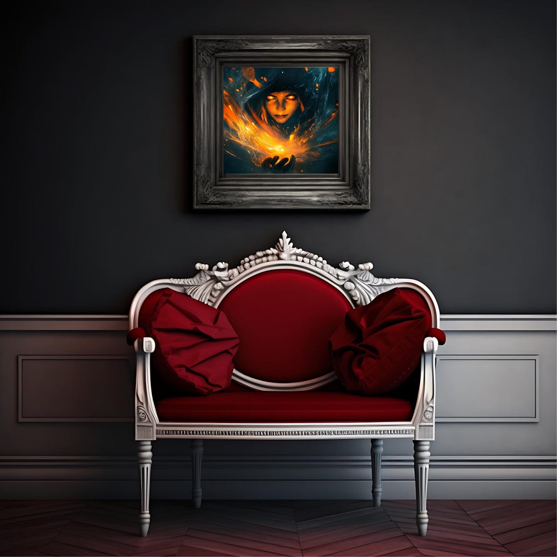Fire Witch Sorceress Glowing Eyes Flames Dark Fantasy Wall Art - Image 2