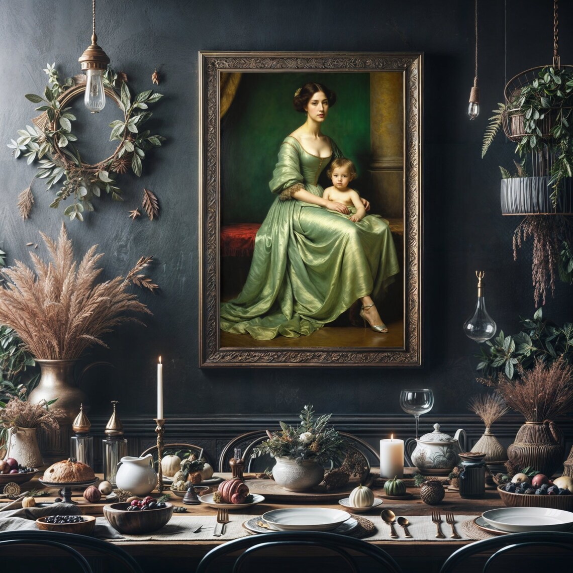 Elegant Mother And Child Green Gown Formal Vintage Portrait Art Poster - Image 4