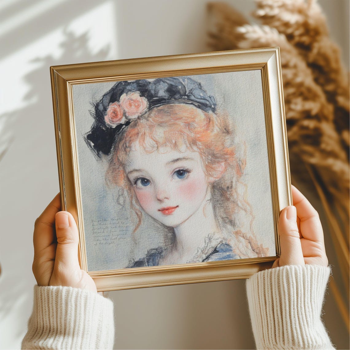 Whimsical Watercolor Portrait Red Curly Hair Girl Roses Hat Poster - Image 2