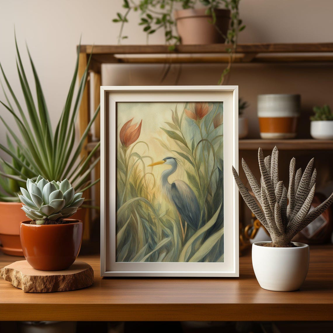 Great Blue Heron Watercolor Reeds Wildflowers Coastal Bird Poster - Image 4