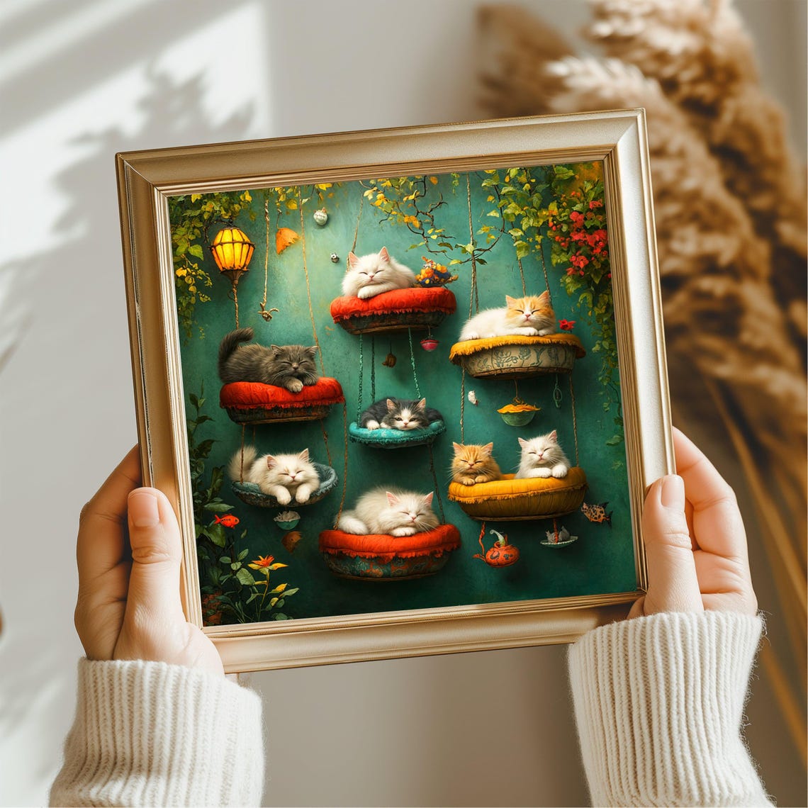 Cats Lounging Hanging Baskets Teal Wall Cute Cat Cafe Art Poster - Image 2