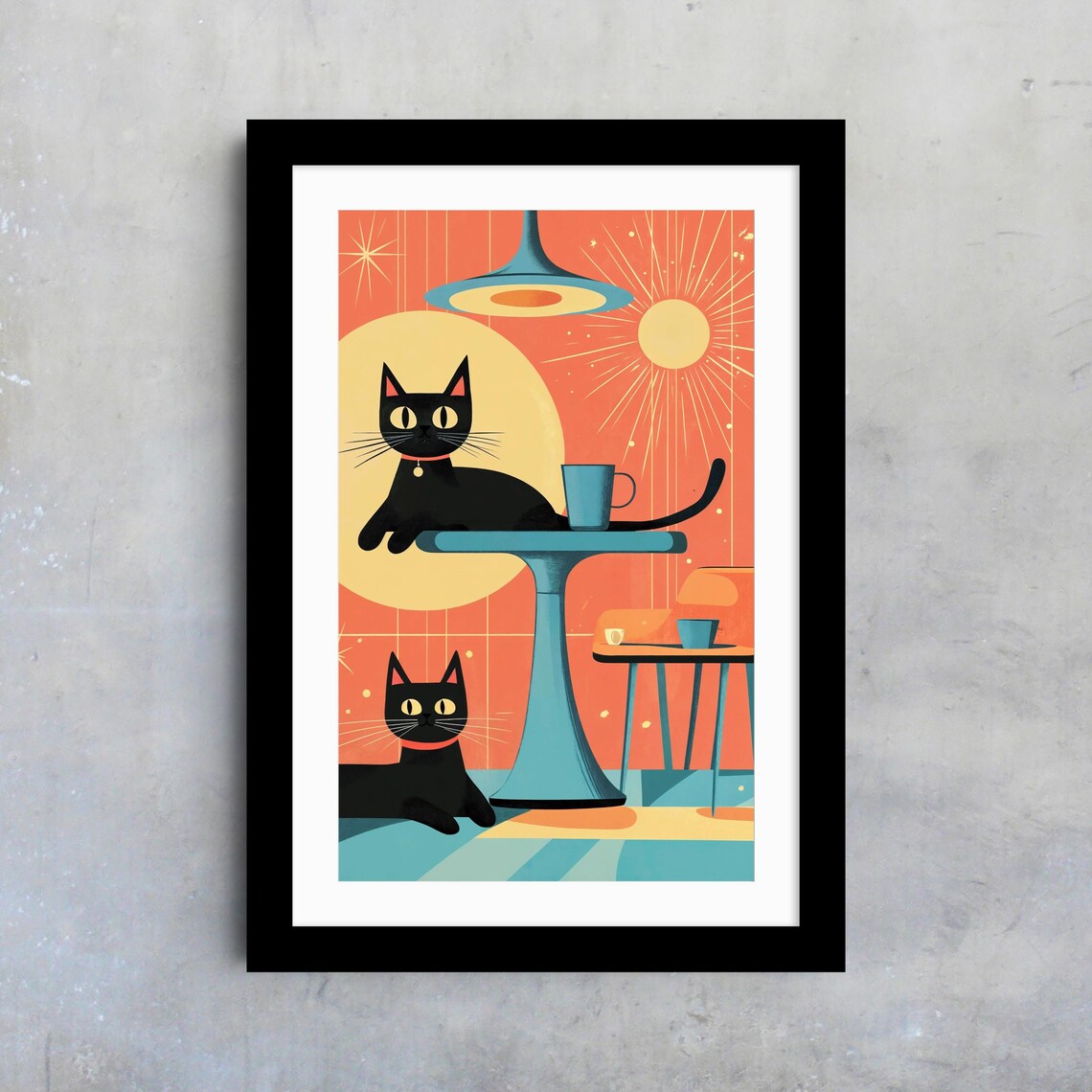 Midcentury Two Black Cats Coffee Table Sunburst Retro Kitchen Cat Poster - Image 4
