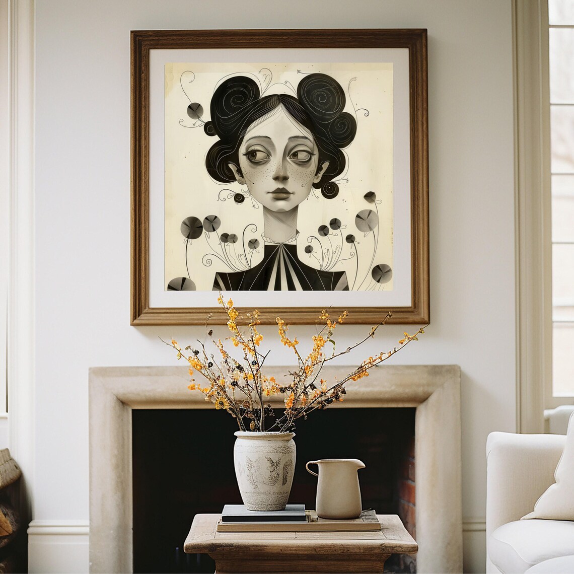 Freckled Woman Swirled Black Hair Floral Buds Whimsical Monochrome Poster - Image 2